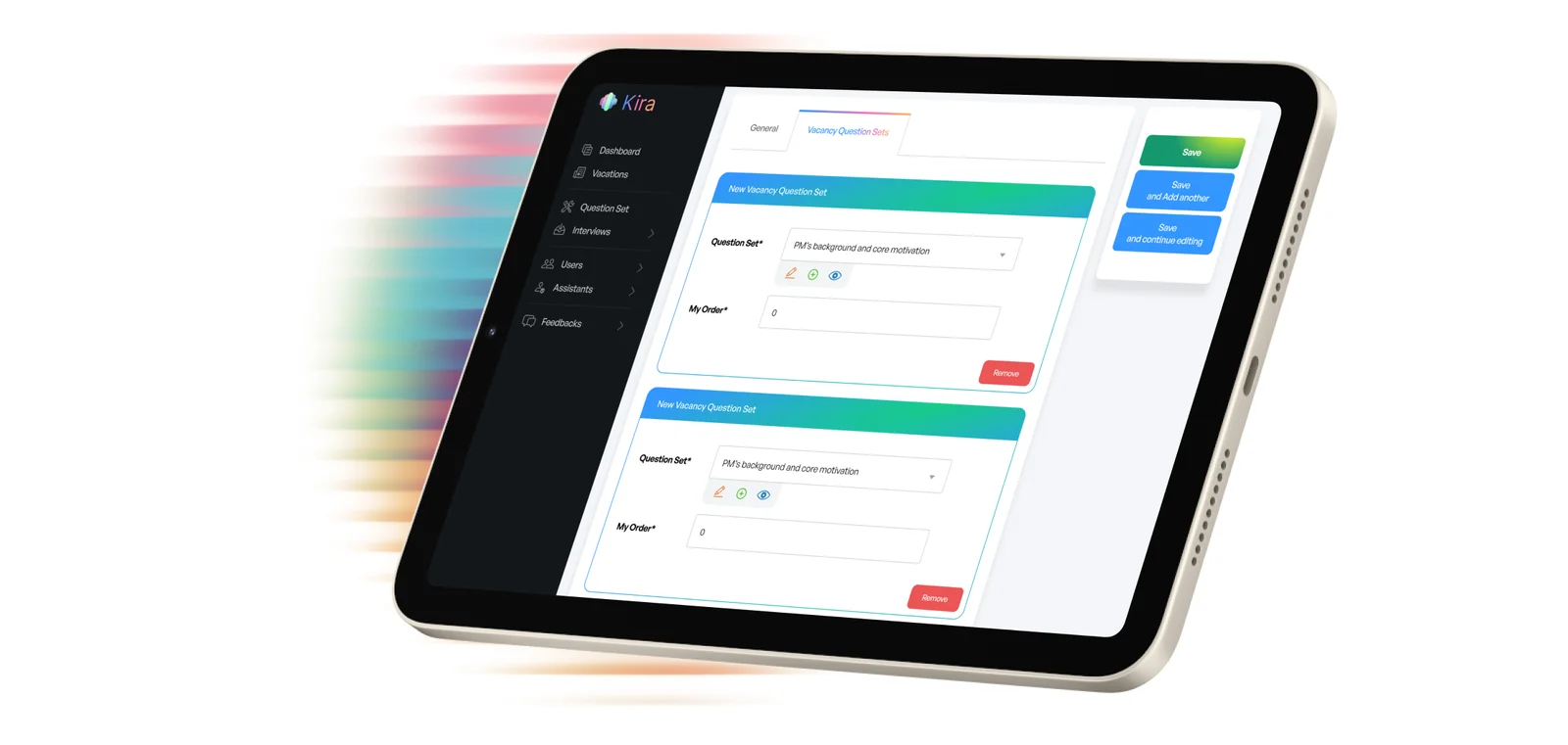 Kira AI admin dashboard — vacancy question sets and interview configuration