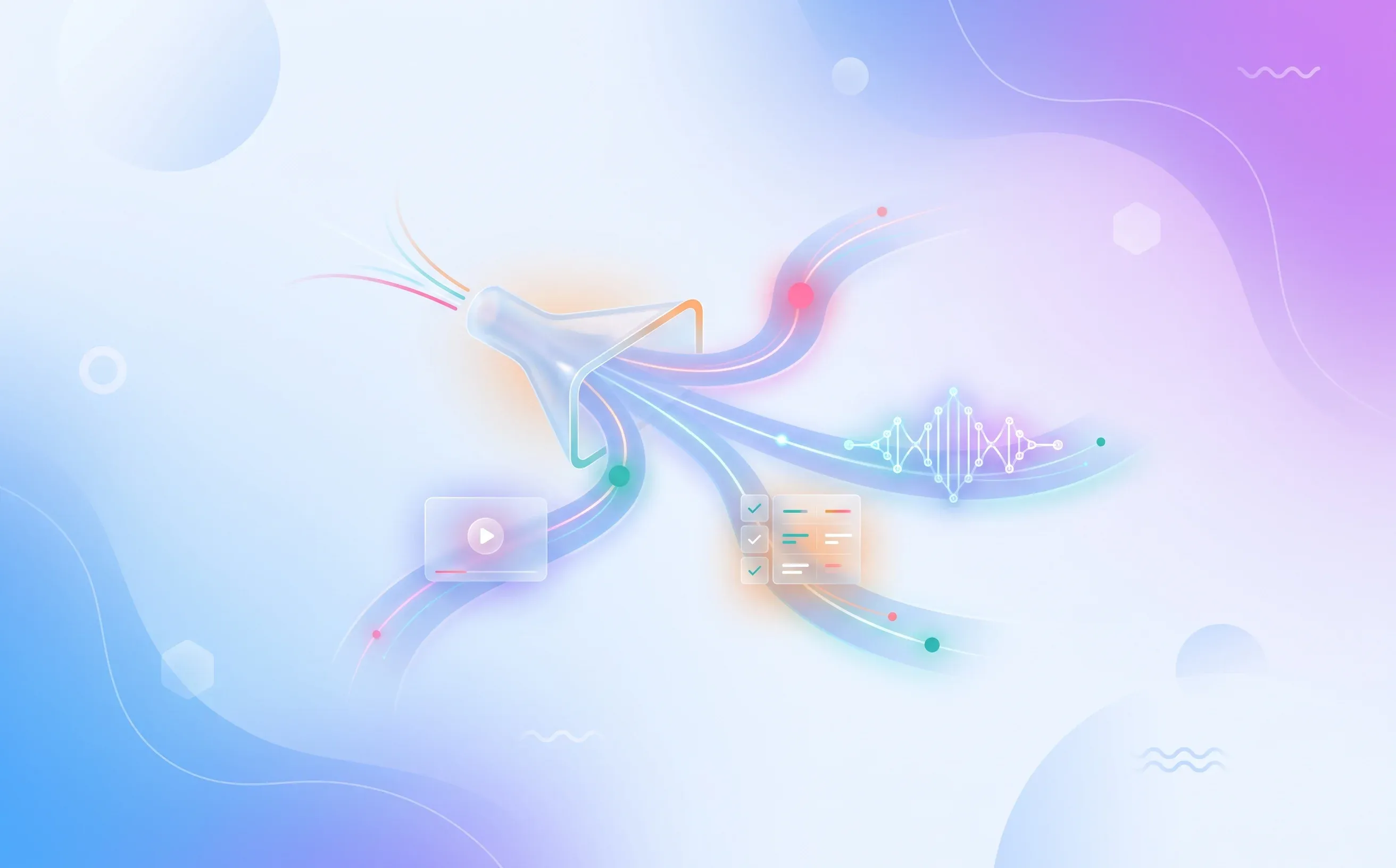 Abstract screening funnel branching into video, voice, and scorecard paths