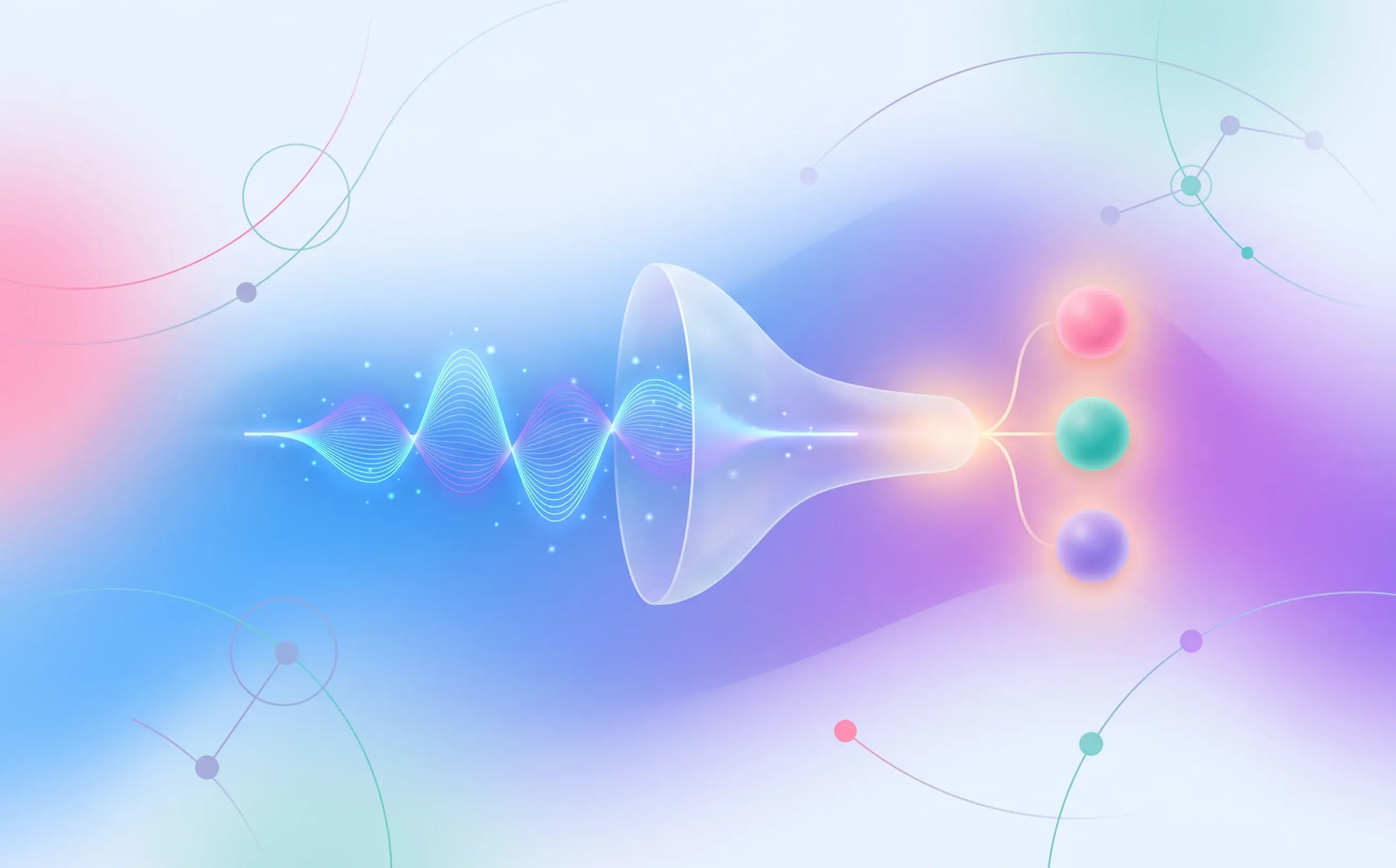 Abstract audio waveform moving through a screening funnel into three decision nodes