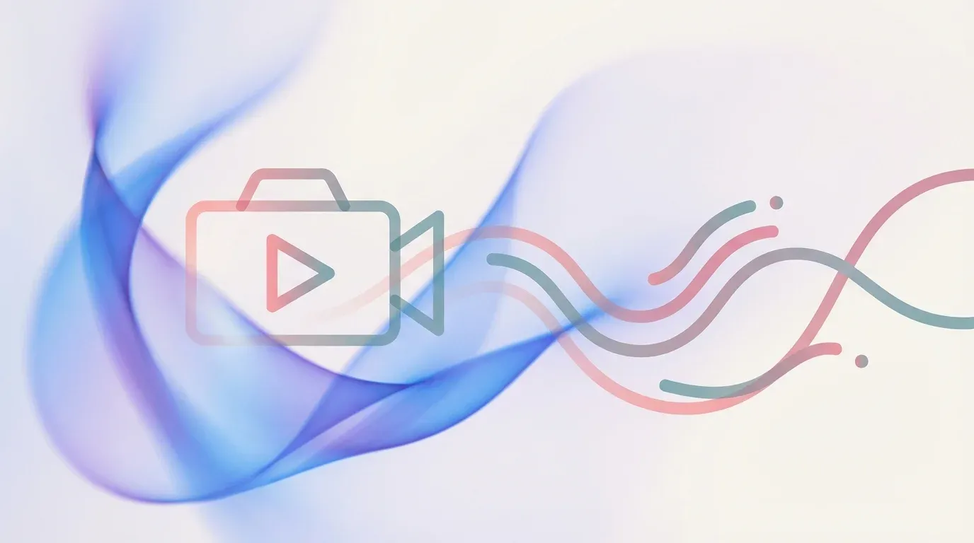 Abstract illustration of a camera and play button with flowing lines in blue and purple gradients representing one-way video interviews