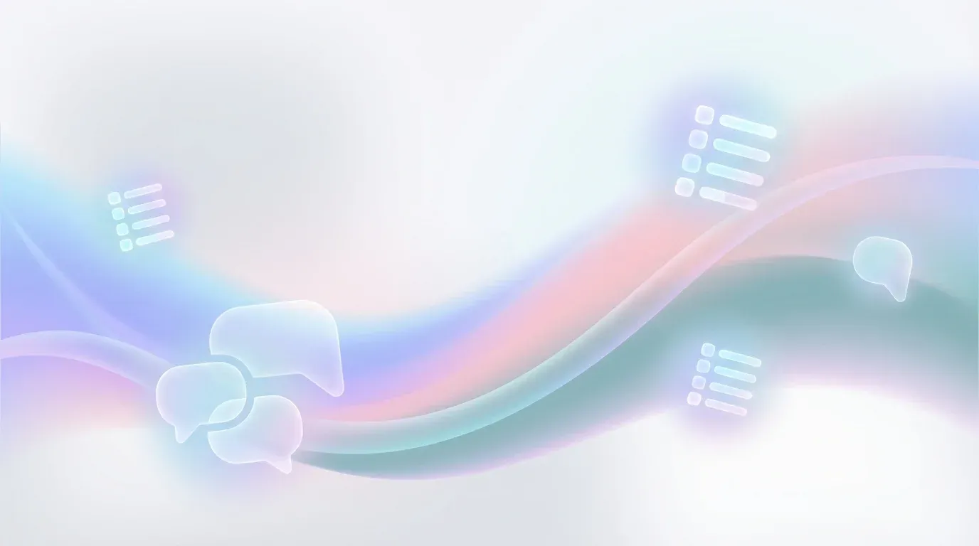Abstract illustration of chat bubbles and checklist shapes in blue and purple gradients representing screening interview questions