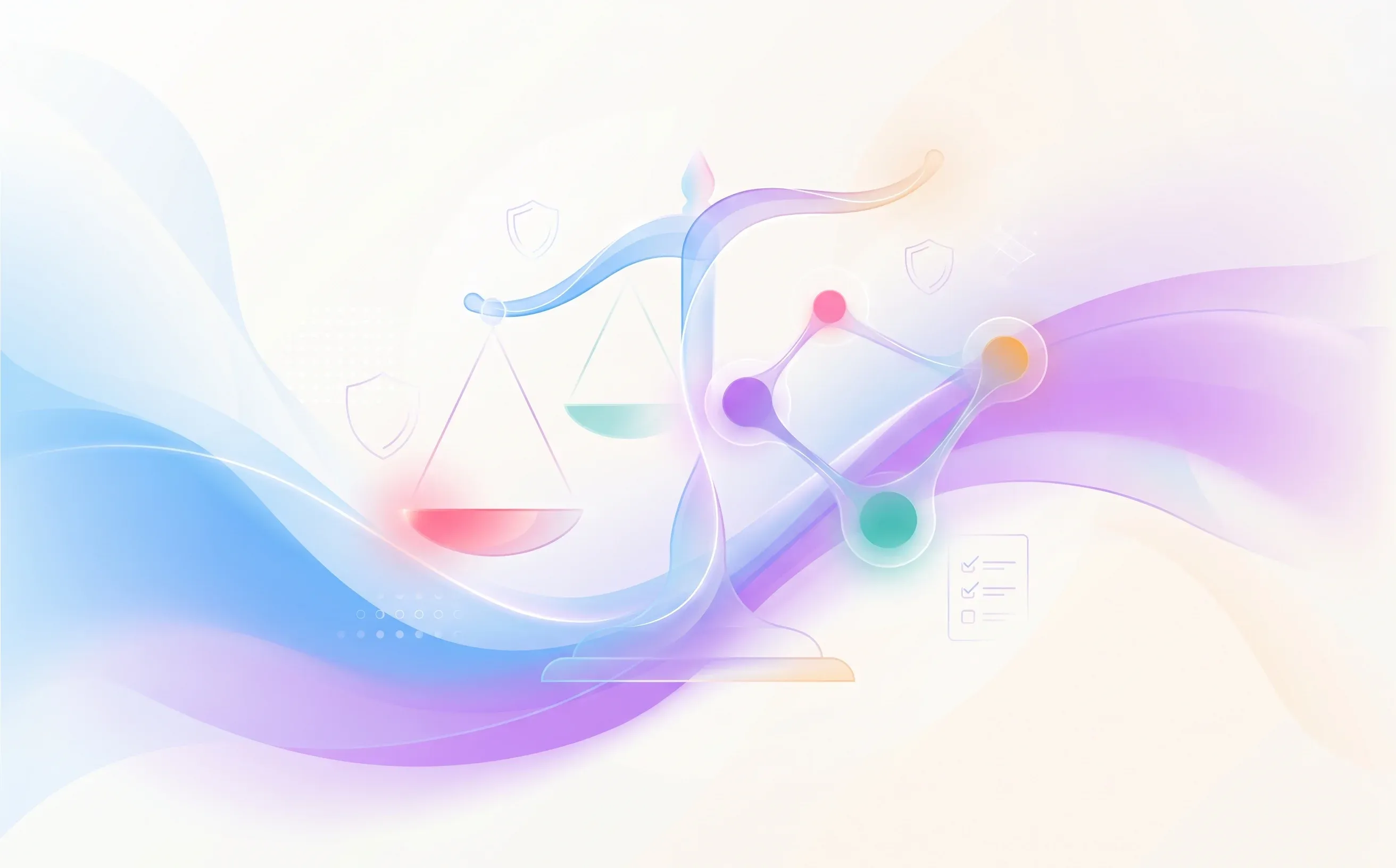 Abstract balance scale, shield, checklist, and connected nodes representing AI interview law compliance