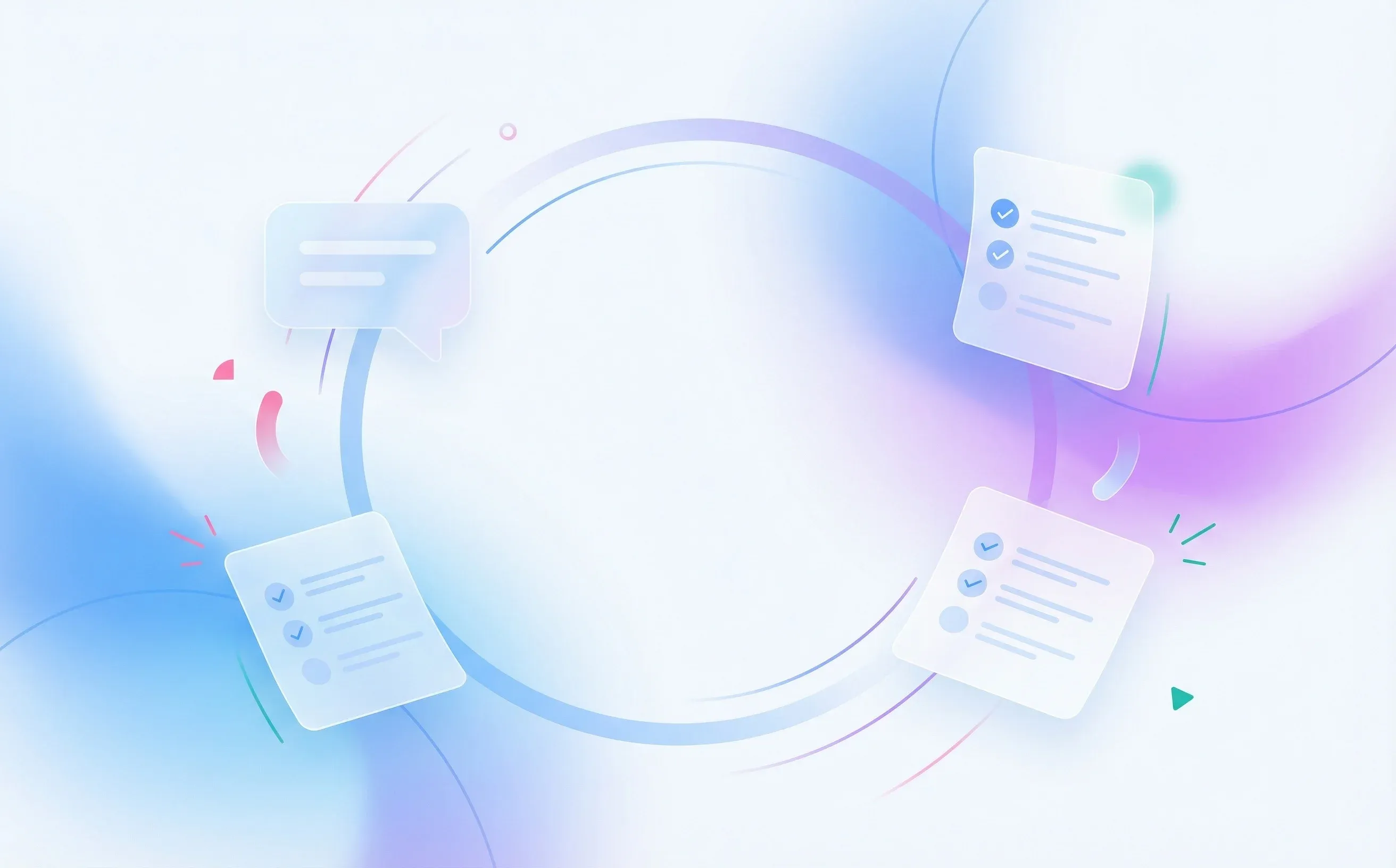 Abstract blue-purple gradient composition with chat bubble shapes, rounded checklist forms, and subtle call-wave arcs representing recruiter phone screening