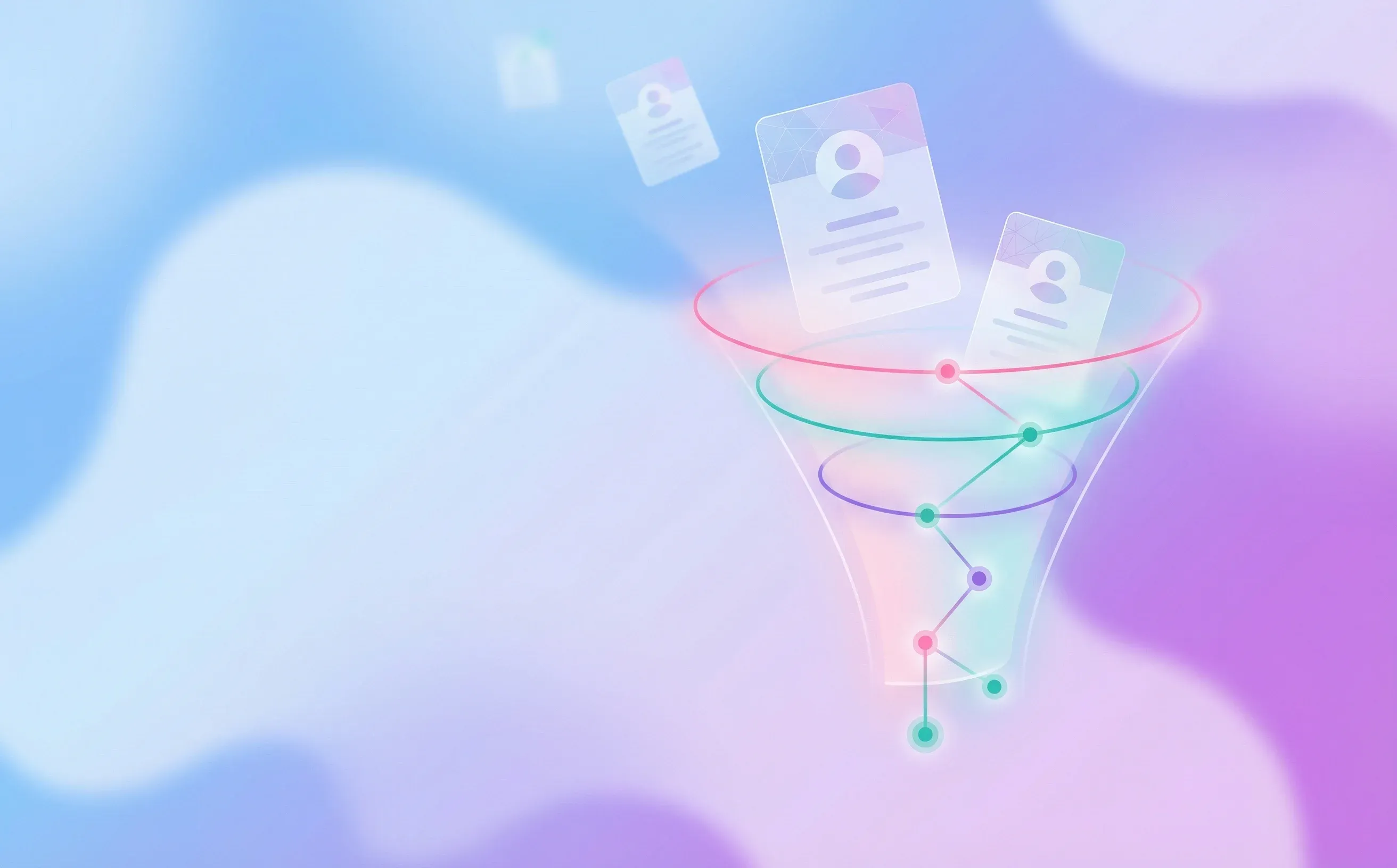 Abstract candidate profile cards flowing through a digital screening funnel
