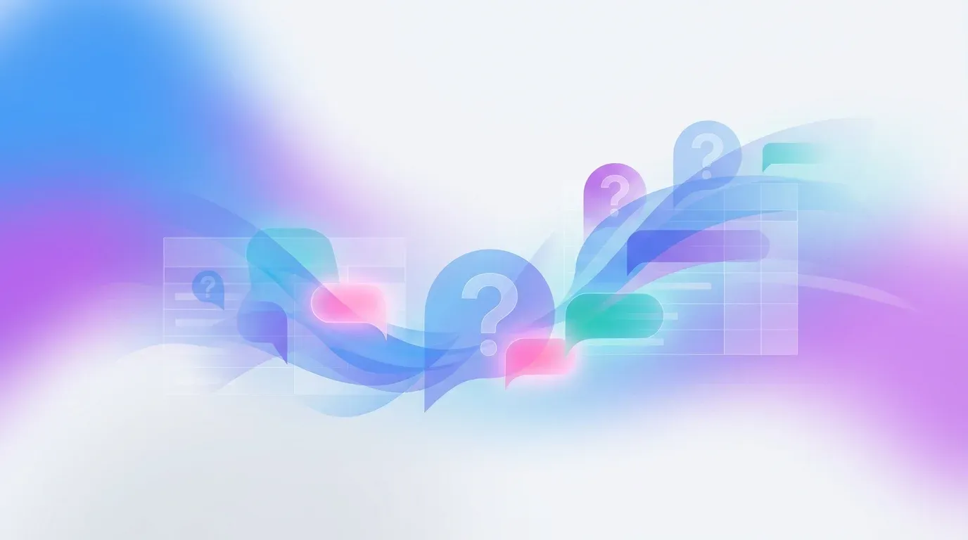 Abstract illustration of speech bubbles and question marks in blue and purple gradients representing interview questions for candidates