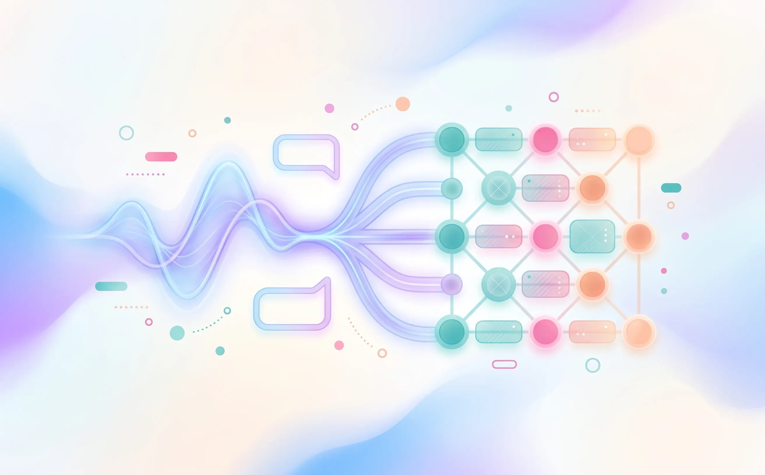 Abstract voice waveform branching into a structured multilingual candidate screening grid