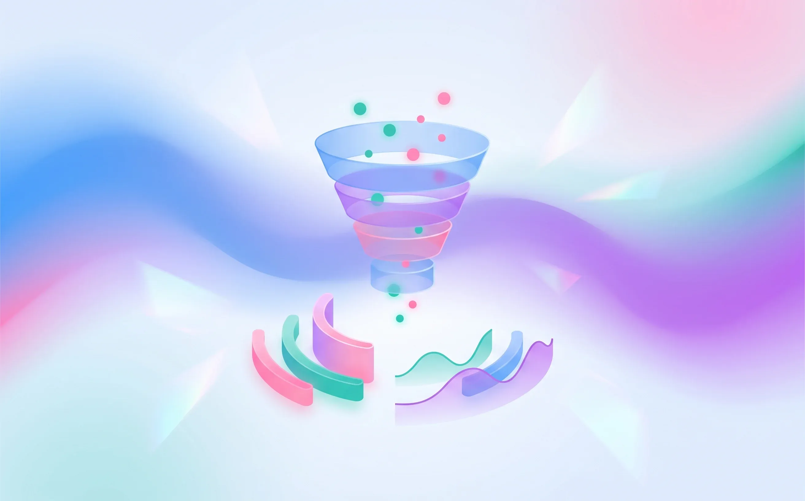 Abstract recruitment funnel with candidate dots and dashboard shapes