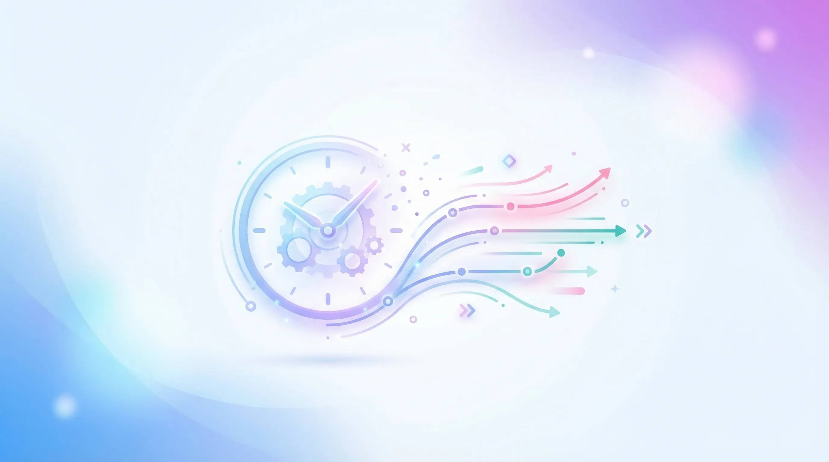 Abstract illustration of a clock dissolving into flowing timeline segments in blue and purple gradients representing time-to-hire reduction