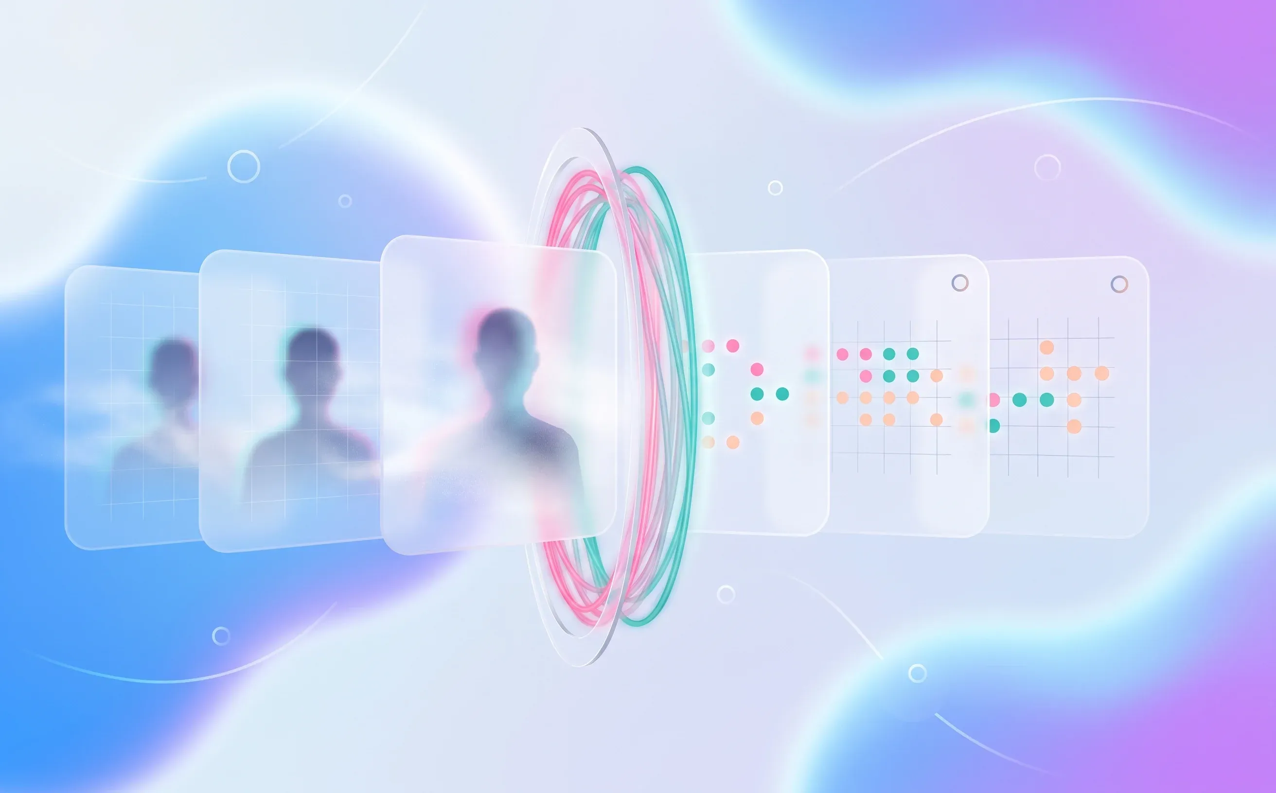 Abstract candidate cards passing through a blind hiring filter into structured score grids