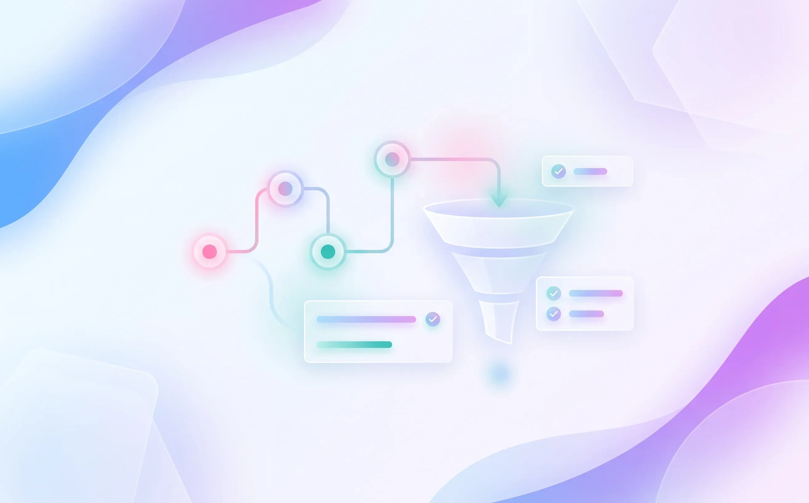 Abstract AI hiring workflow with connected nodes, candidate shortlist cards, and a funnel