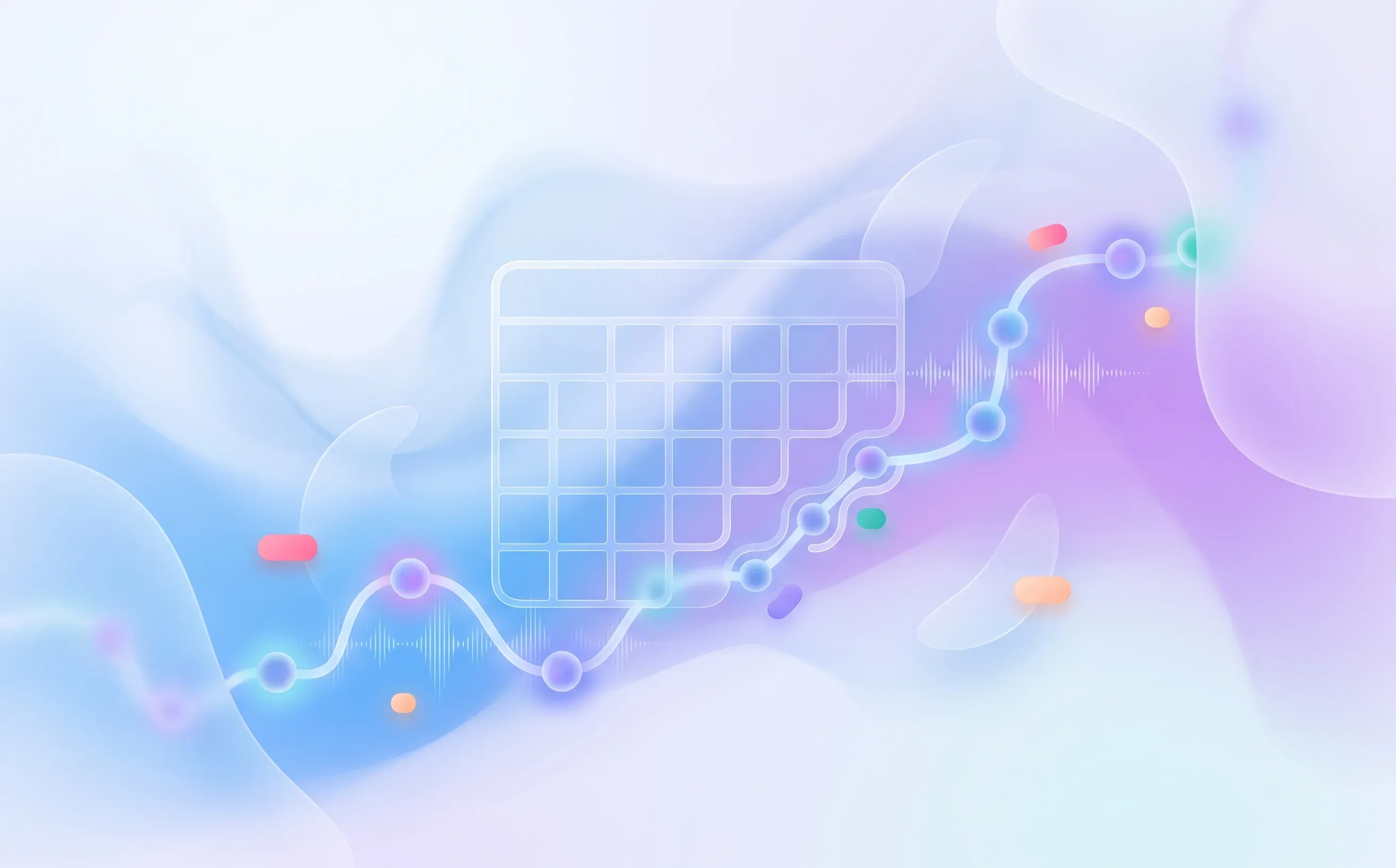 Abstract calendar dissolving into async voice workflow nodes