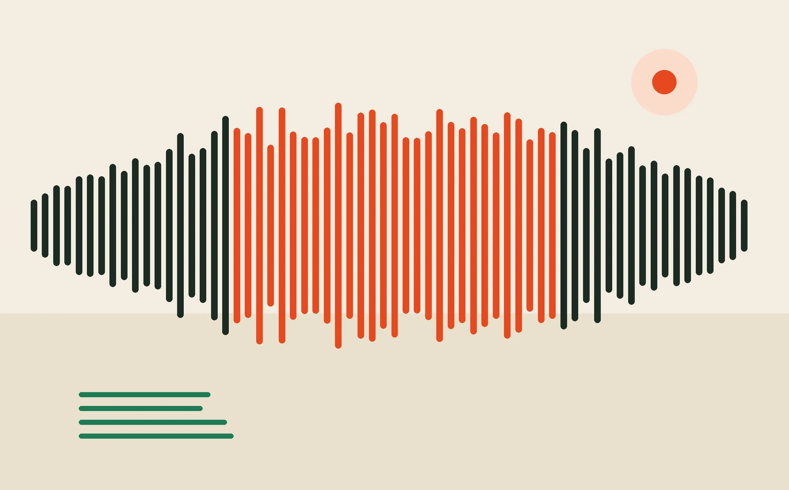 Abstract sound wave in ember and pine tones, one strand splitting away from the rest